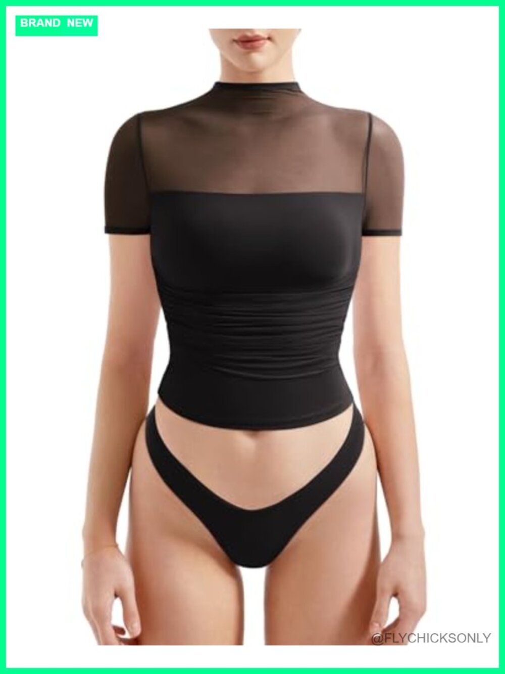 Women's Sheer Mesh Short Sleeve Mock Neck Ruched Crop Top Y2K Going Out Shirt